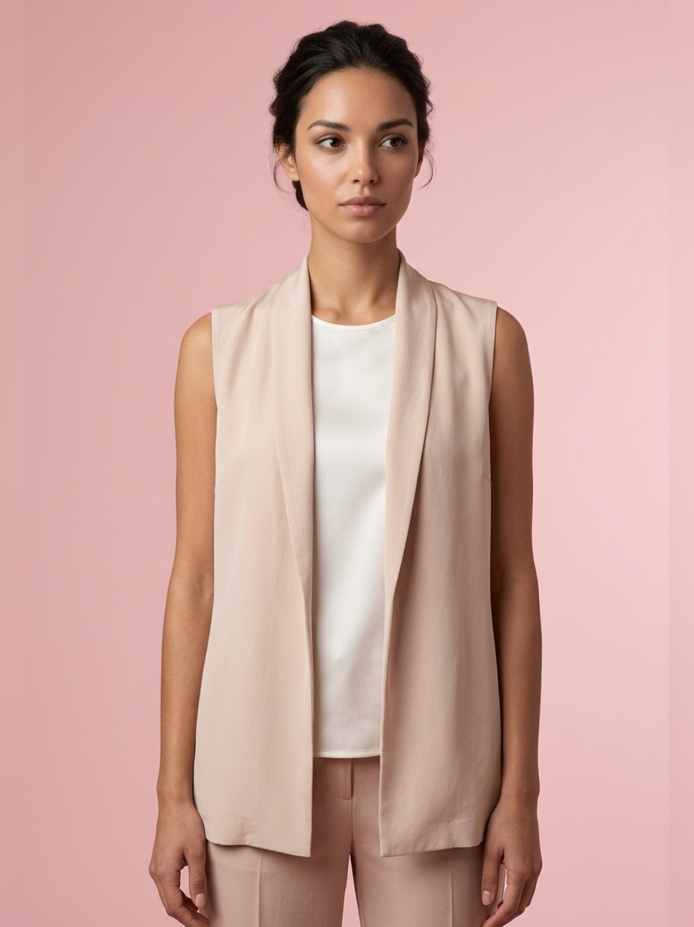 Massimo Dutti Viscose Sleeveless Pale Pink Office Preppy Open Front Vest-XL